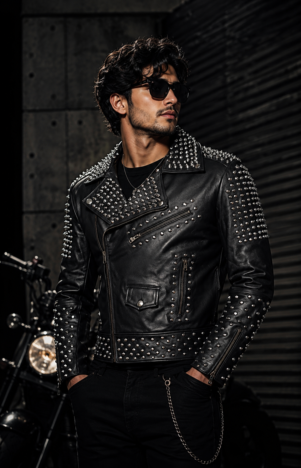 Men's Brando Spike Studded Black Leather Biker Jacket