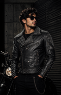 Men's Brando Spike Studded Black Leather Biker Jacket