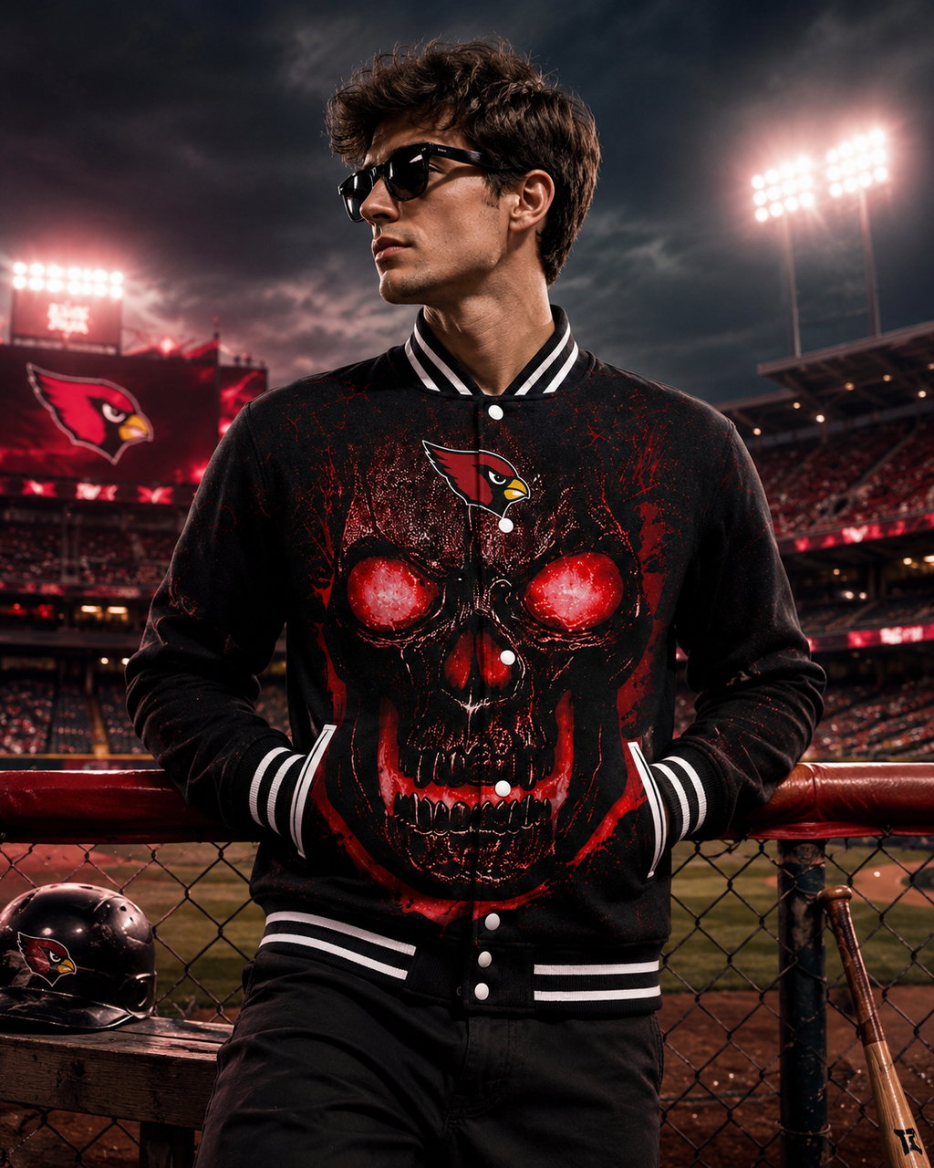 Men's Red Skull Graphic Varsity Jacket