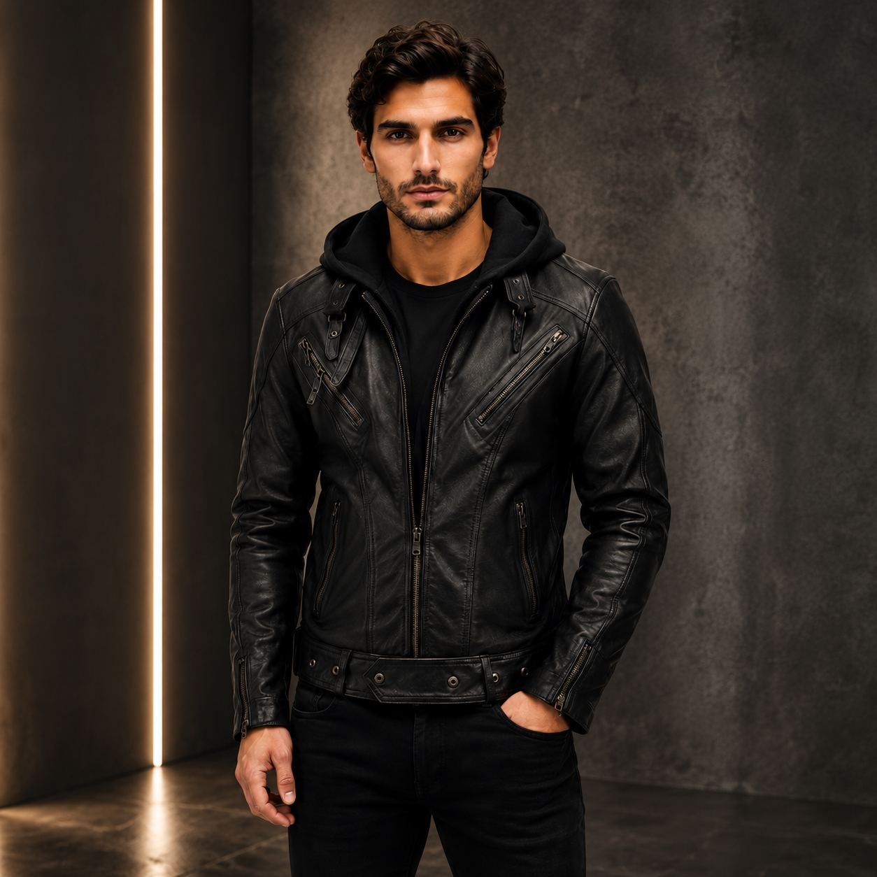 Men's Black Hooded Leather Jacket Streetwear Outfit
