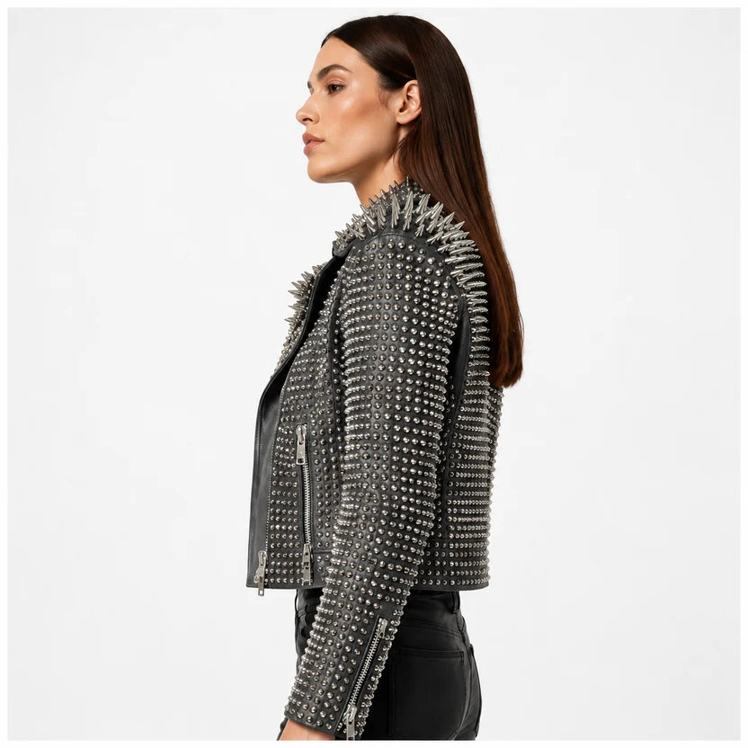 women's charcoal grey studded leather biker jacket
