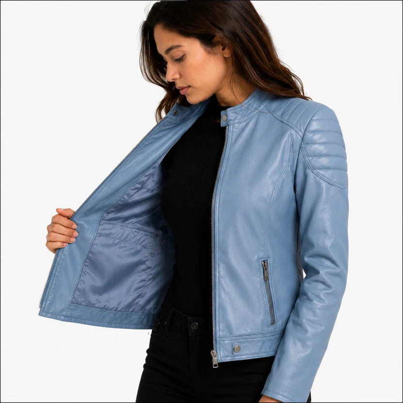 women's light blue real leather biker jacket 