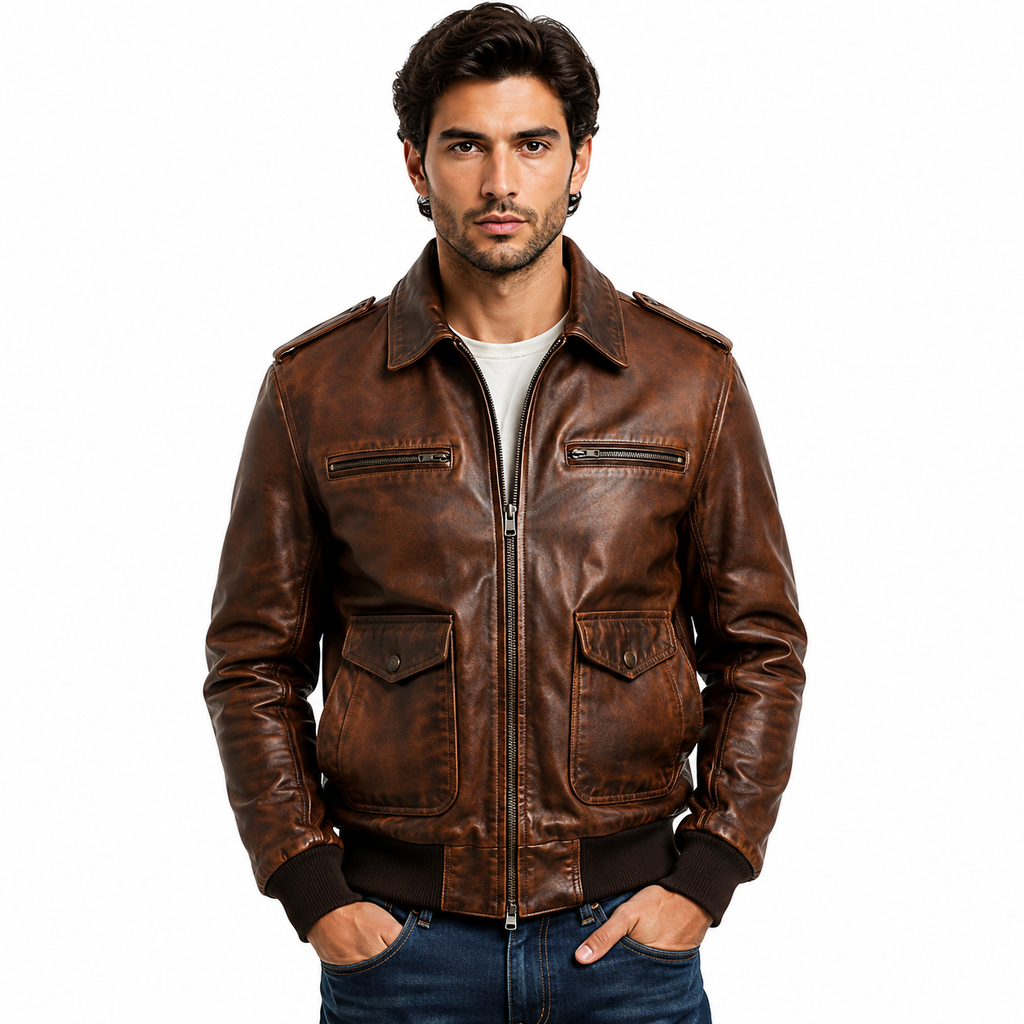 Men's Distressed Brown Genuine Leather Bomber Jacket Front View