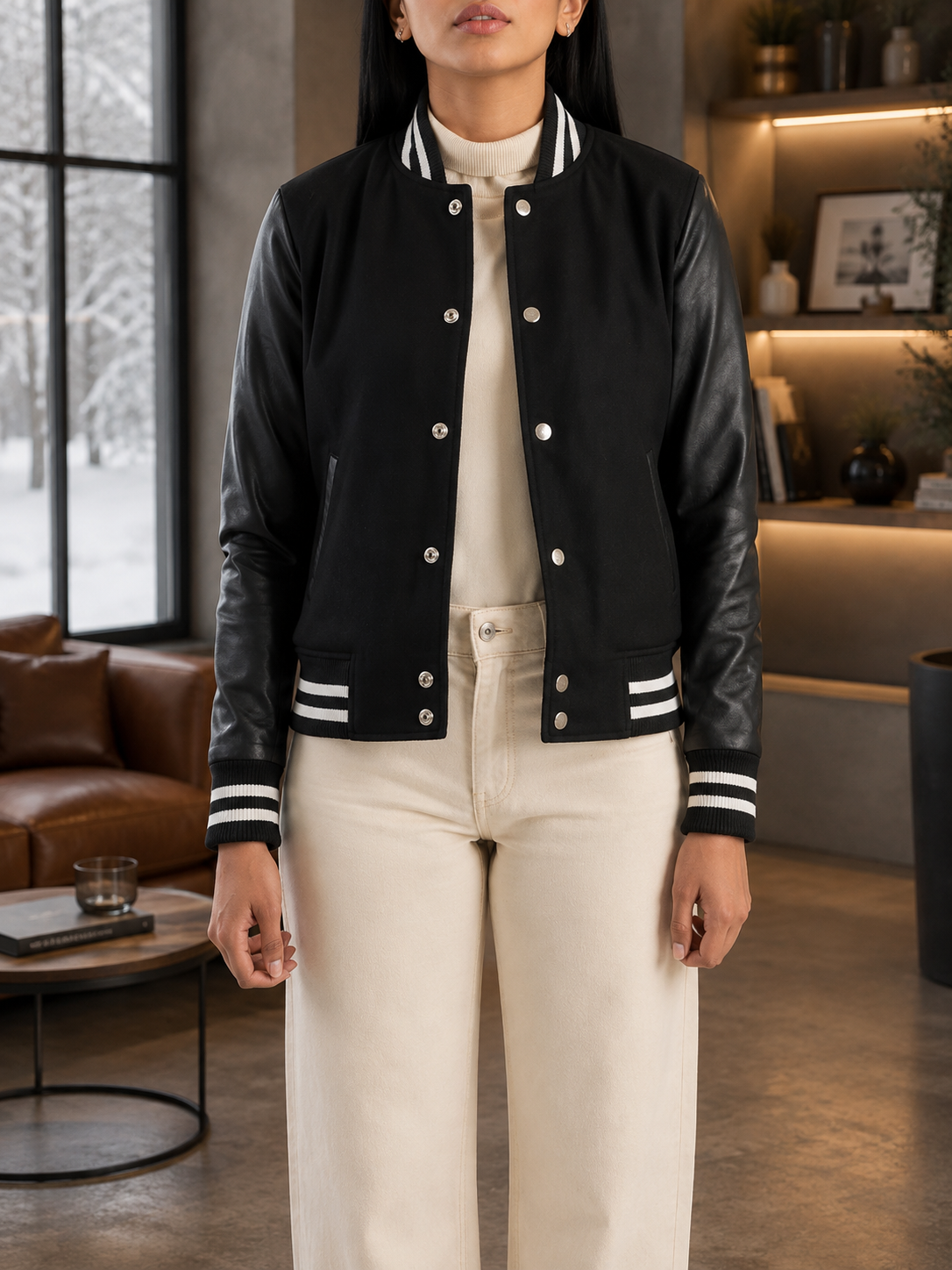 Women's Black Leather Sleeve Varsity Jacket