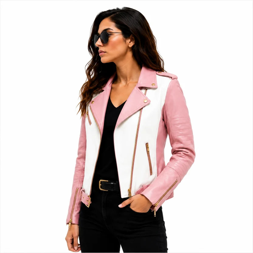women's pink white leather jacket