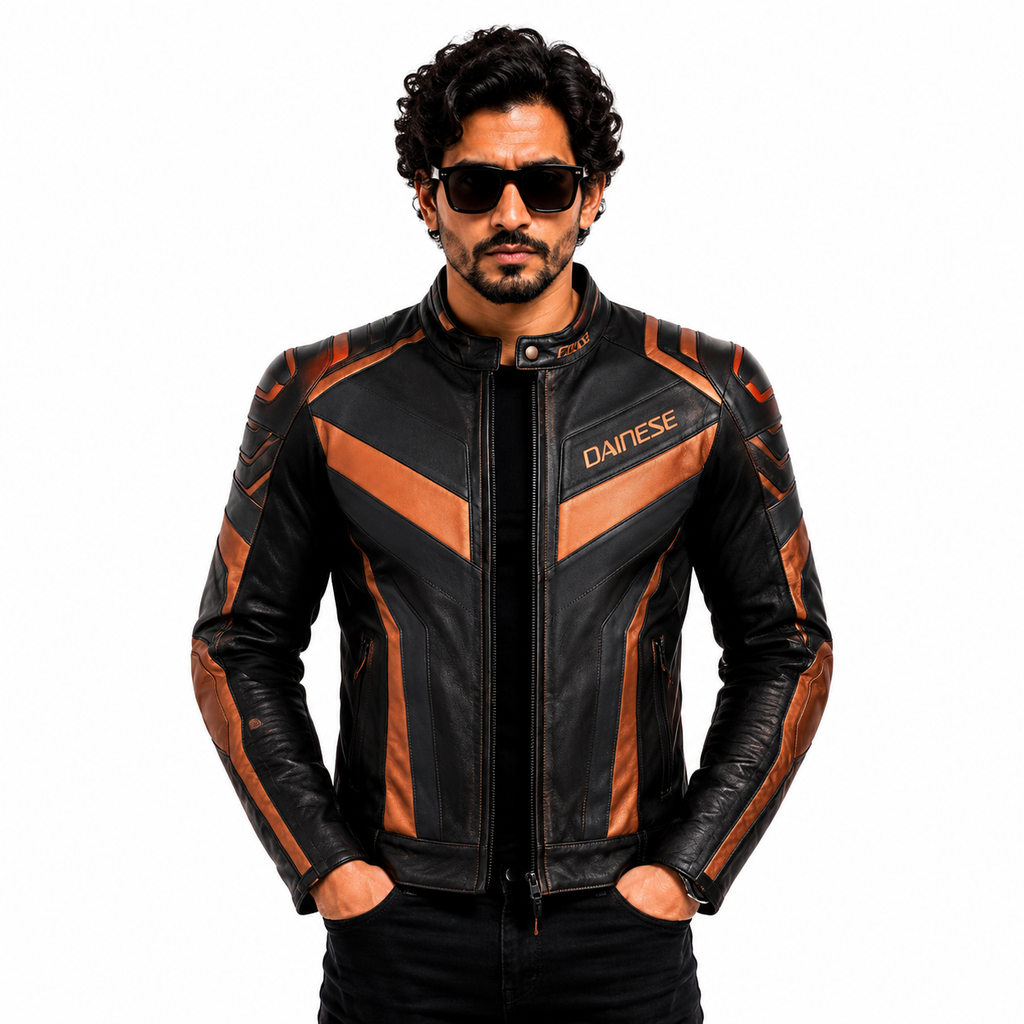 Men's Black & Brown Racer Leather Jacket