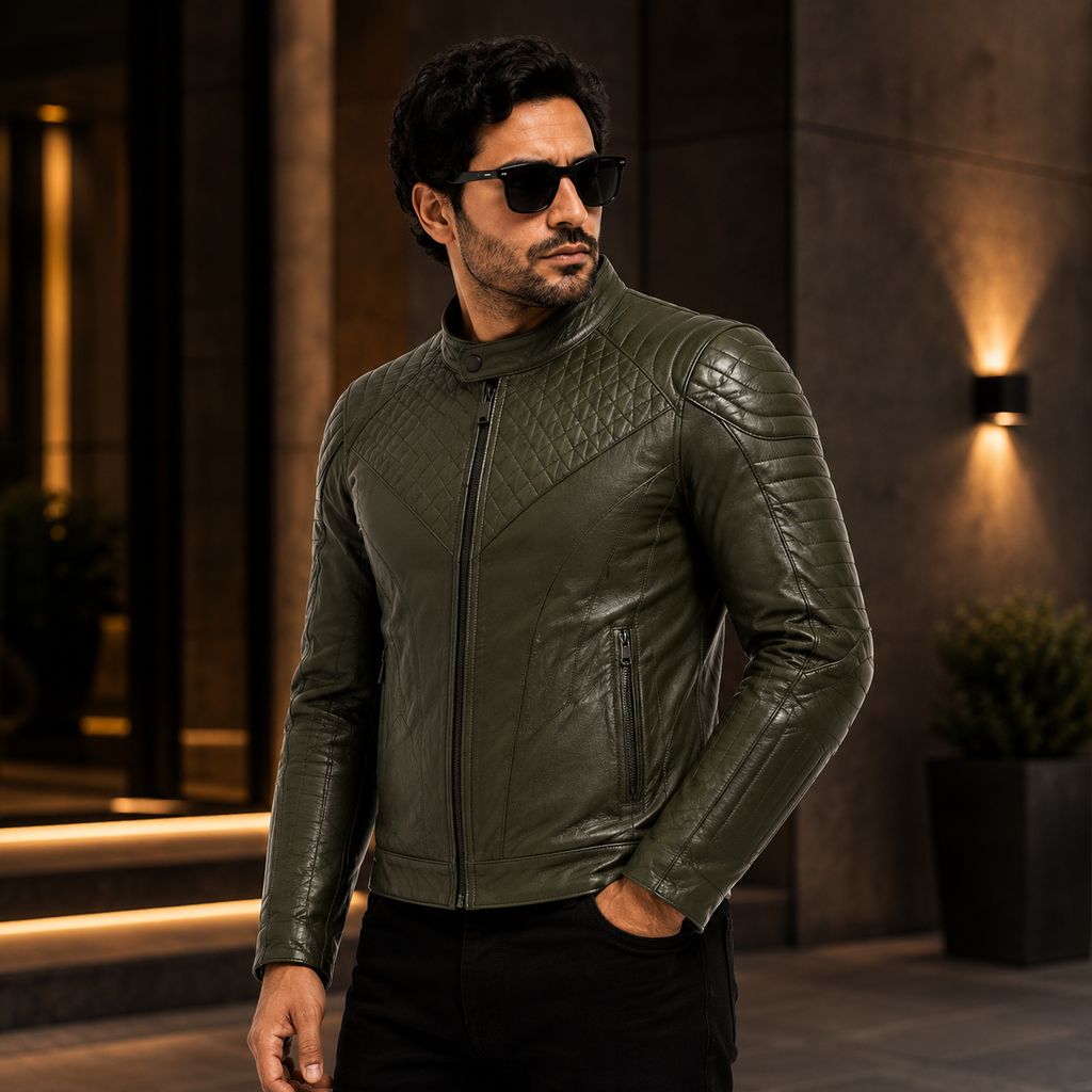 Men's Olive Green Quilted Racer Leather Jacket