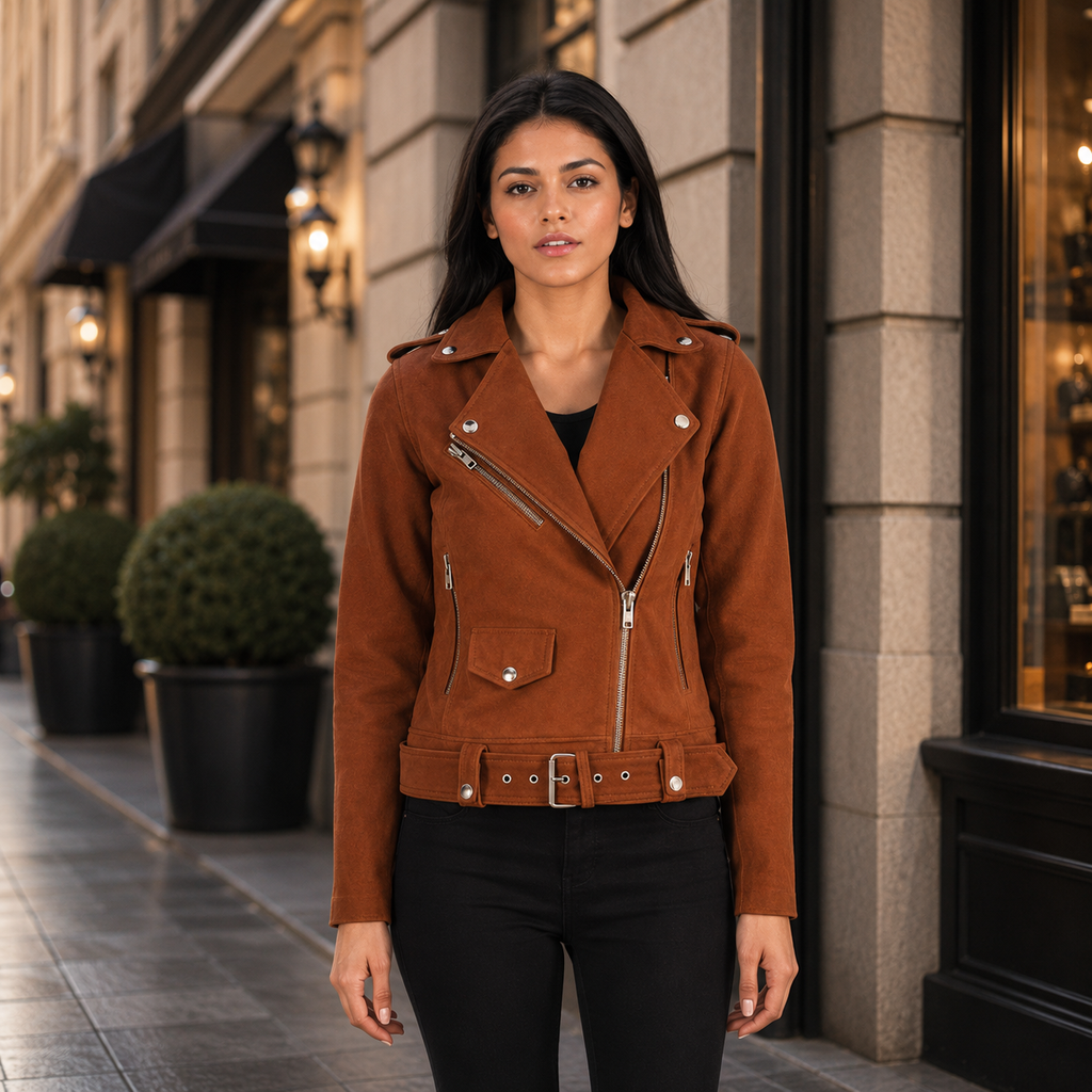 Women's Cognac Suede Belted Asymmetric Biker Jacket with Moto Zips