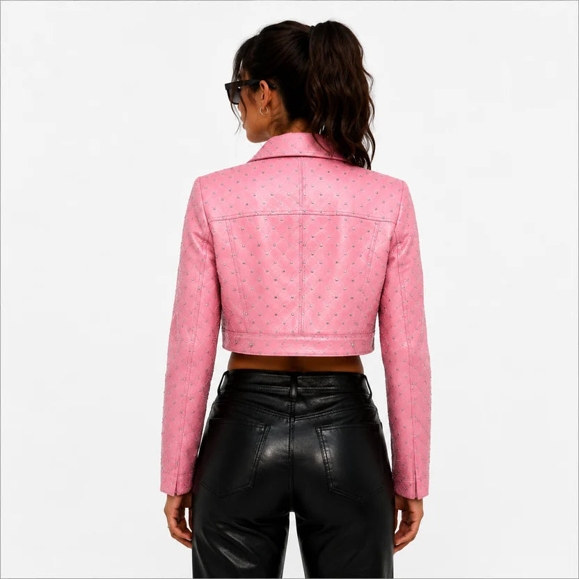 Women's Pink Glitter Cropped Leather Jacket 
