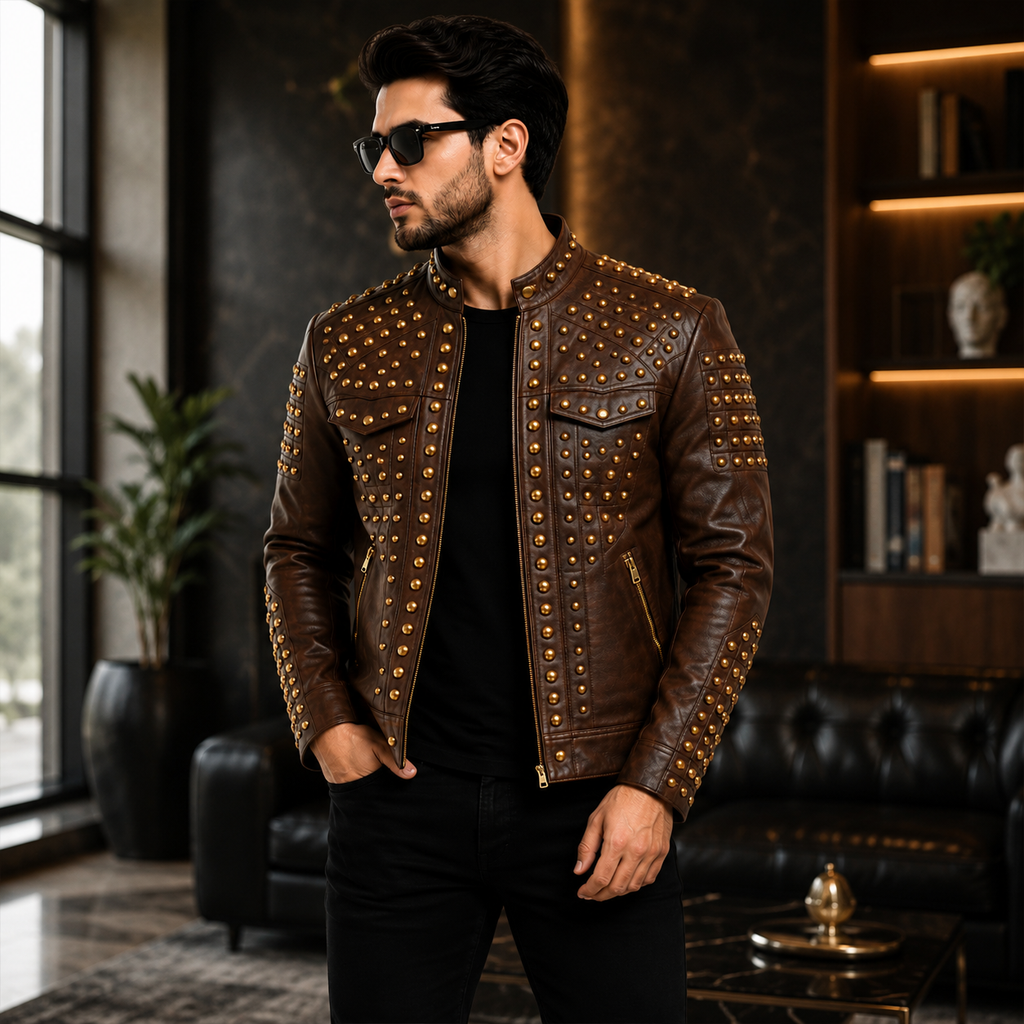 Men's Brown Studded Leather Moto Jacket