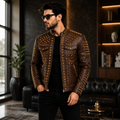 Men's Brown Studded Leather Moto Jacket