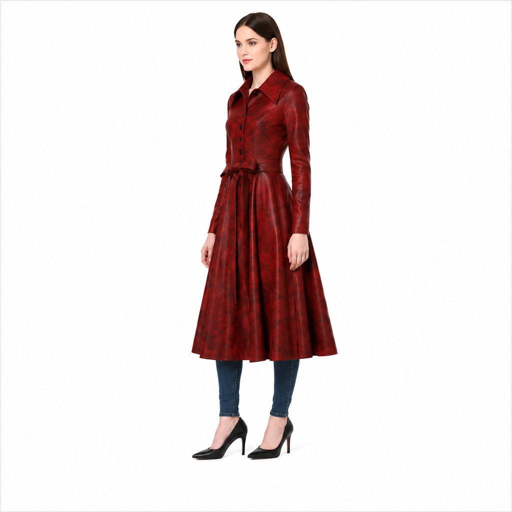 Women's Distressed Red Belted Genuine Leather Fit and Flare Coat Front View