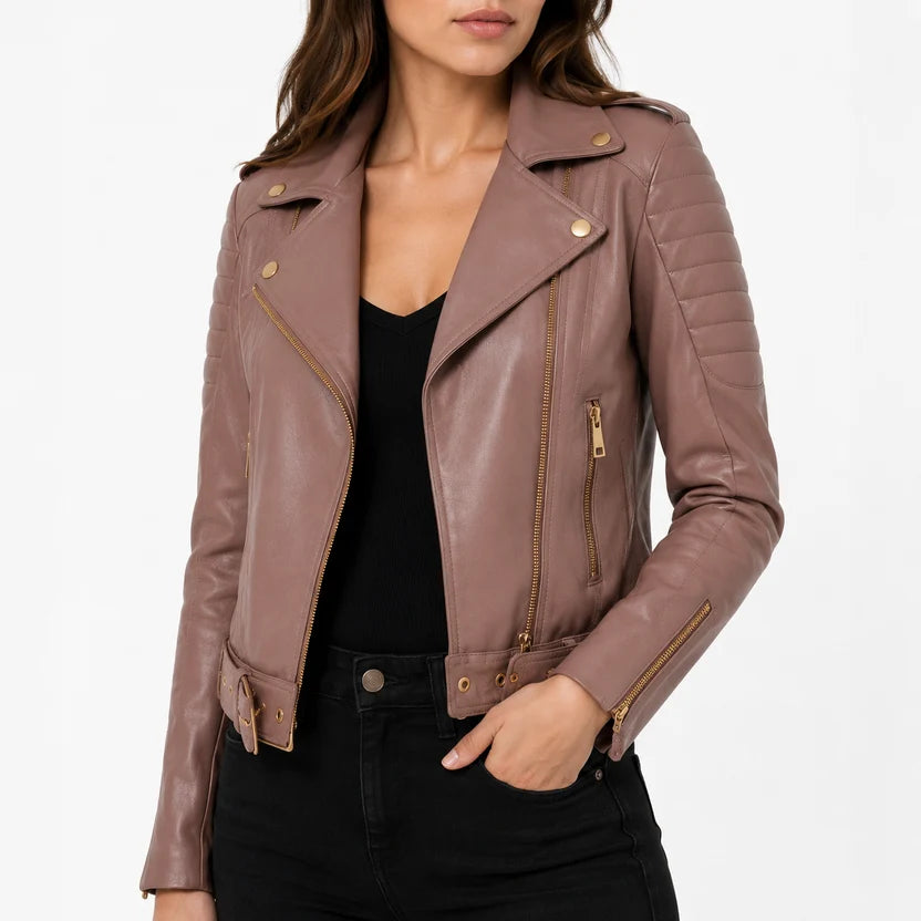 Women's Mauve Moto Leather Jacket with Gold Hardware