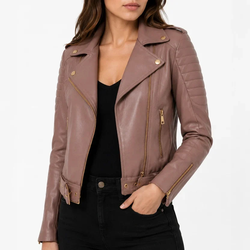 Women's Pink Genuine Leather Biker Jacket