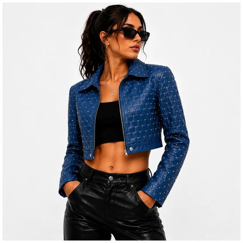 Women's Royal Blue Quilted Studded Cropped Leather Jacket