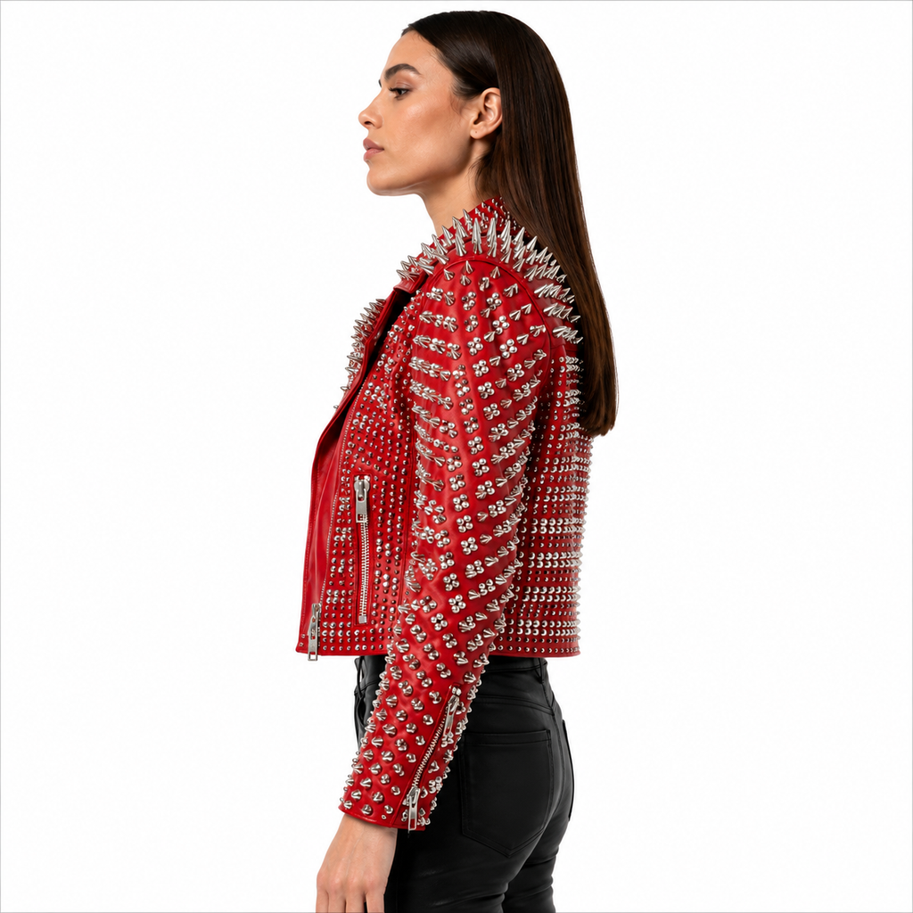 Red Spiked Punk Rock Leather Jacket