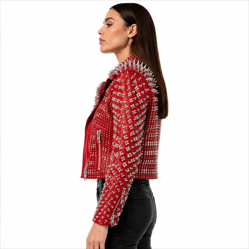 women's red studded leather biker jacket 