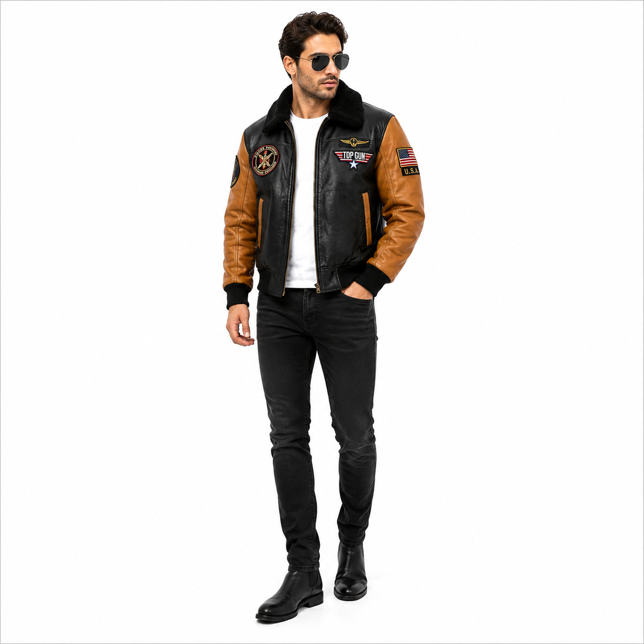 Men's Black & Tan Top Gun G-1 Flight Leather Bomber Jacket