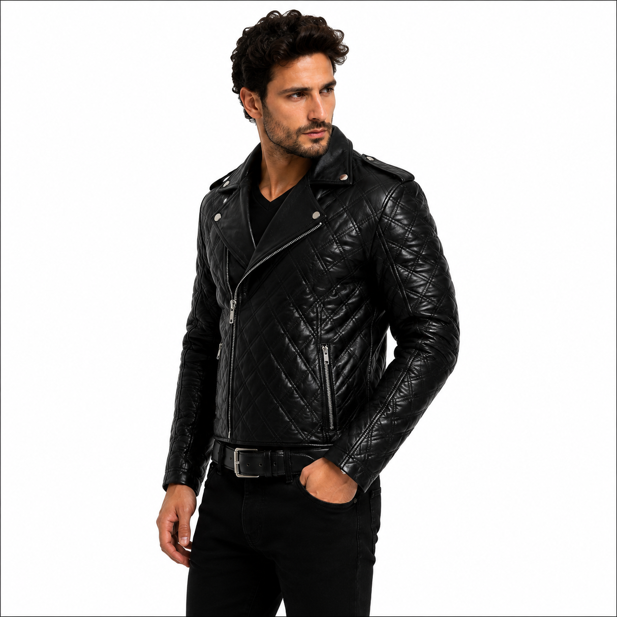 Men's Quilted Black Leather Biker Jacket