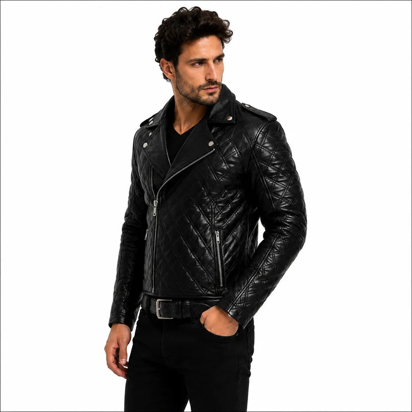 Men's White Leather Quilted Biker Jacket
