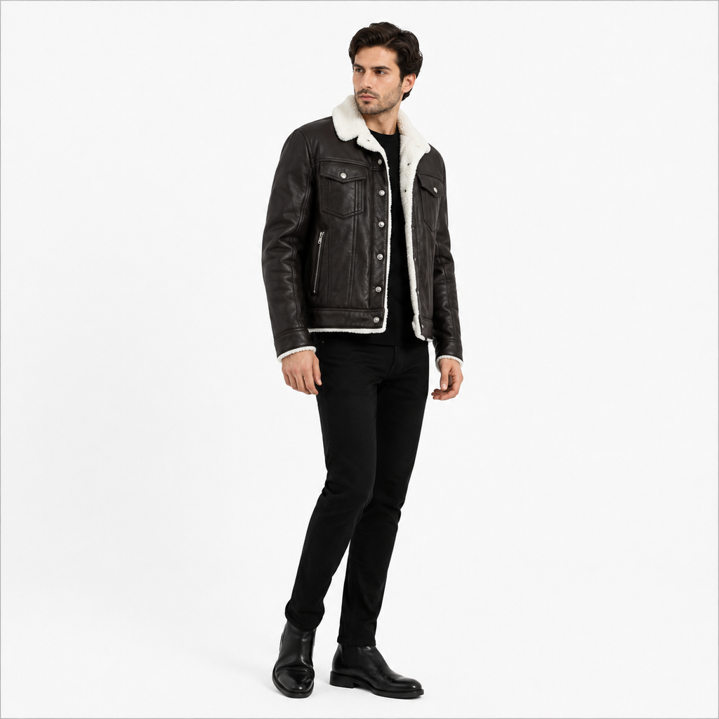 Men's black leather shearling trucker jacket
