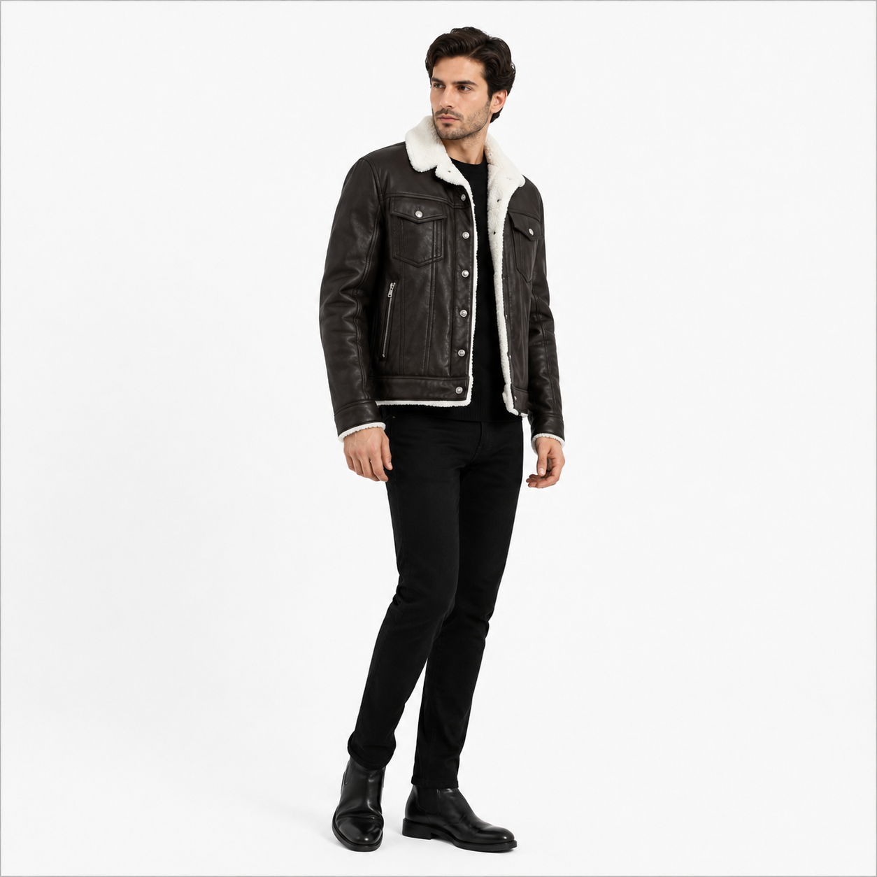 Men's black leather shearling trucker jacket