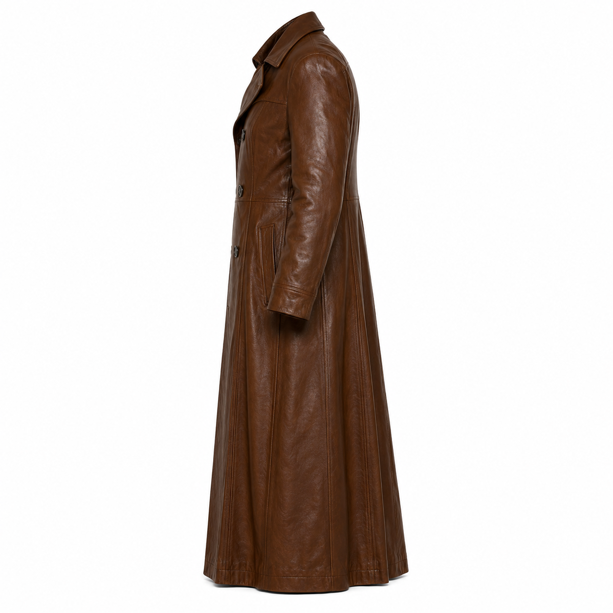 Full-Length Double-Breasted Leather Duster Trench Coat