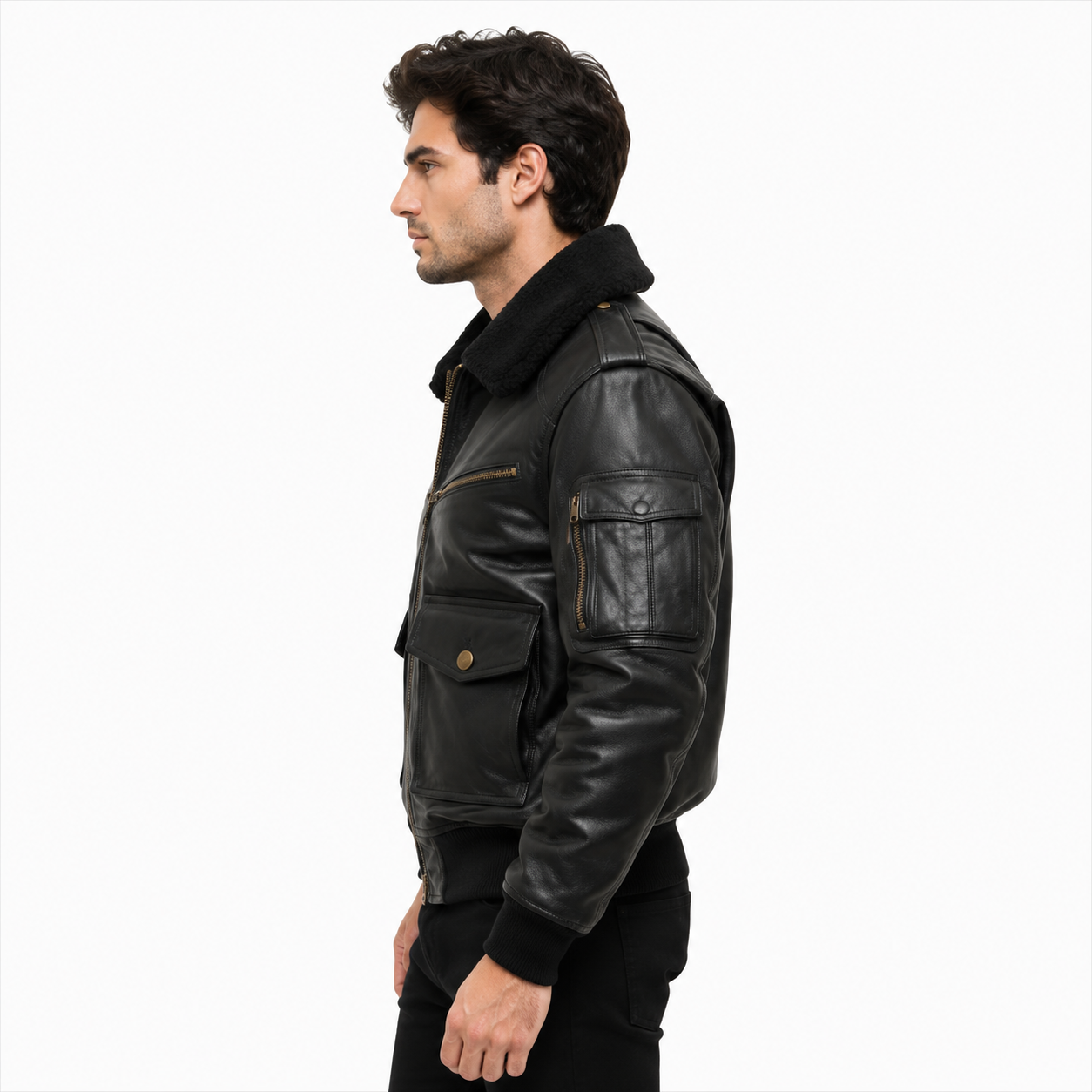 Men's Black Military Style Leather Bomber Jacket