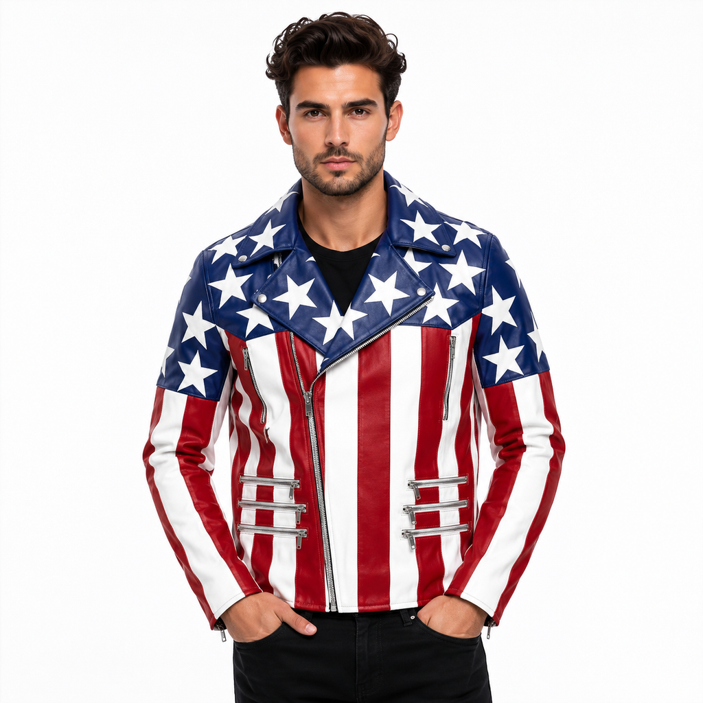 Men's USA Flag American Genuine Leather Biker Jacket