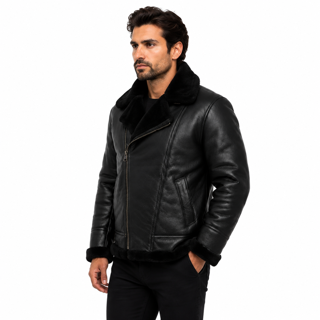 Men's Black Faux Shearling Aviator Biker Jacket