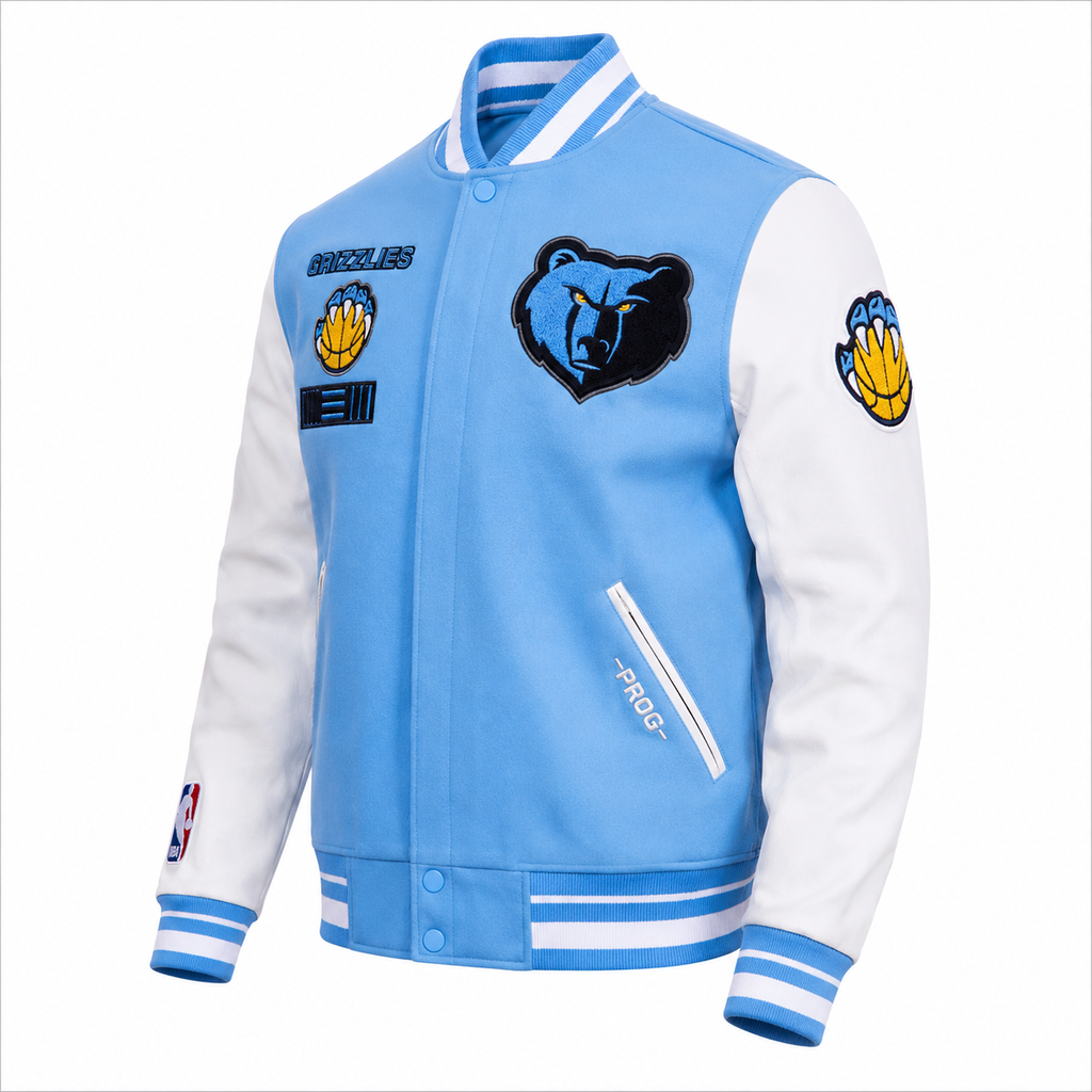 Light Blue and White Memphis Grizzlies NBA Varsity Jacket with Bear Logo Patches
