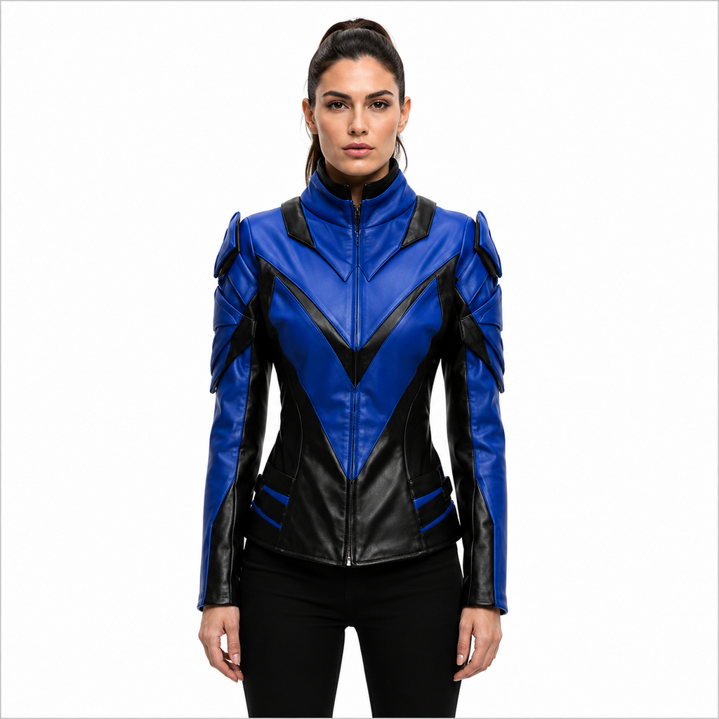Women's Blue Black Armored Leather Jacket Cosplay Outfit