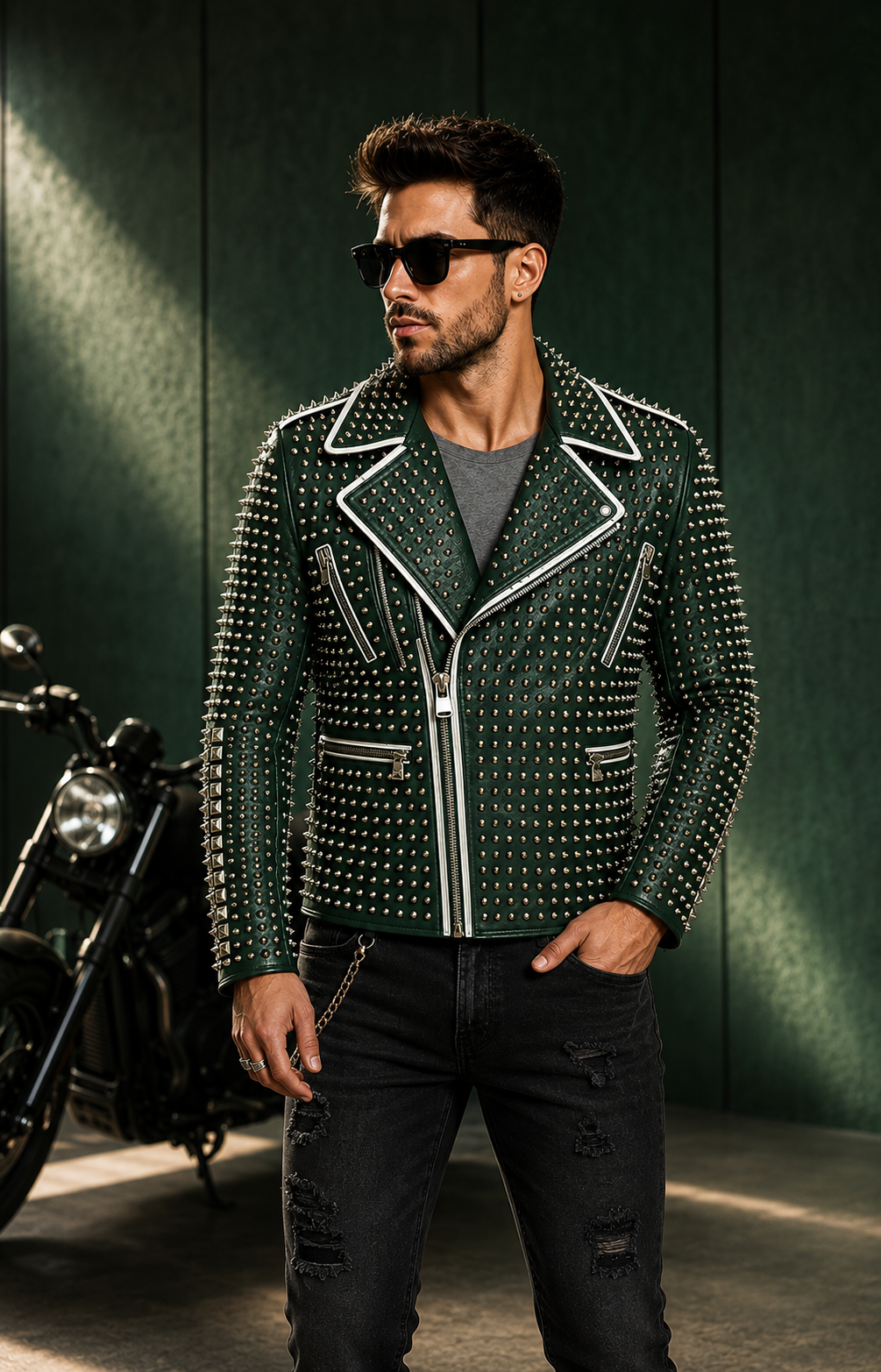 PHILIPP PLEIN Leather Green Color Studded Jacket