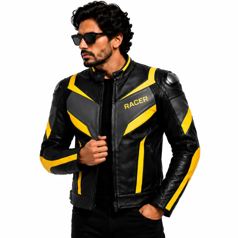 black leather motorcycle racer jacket