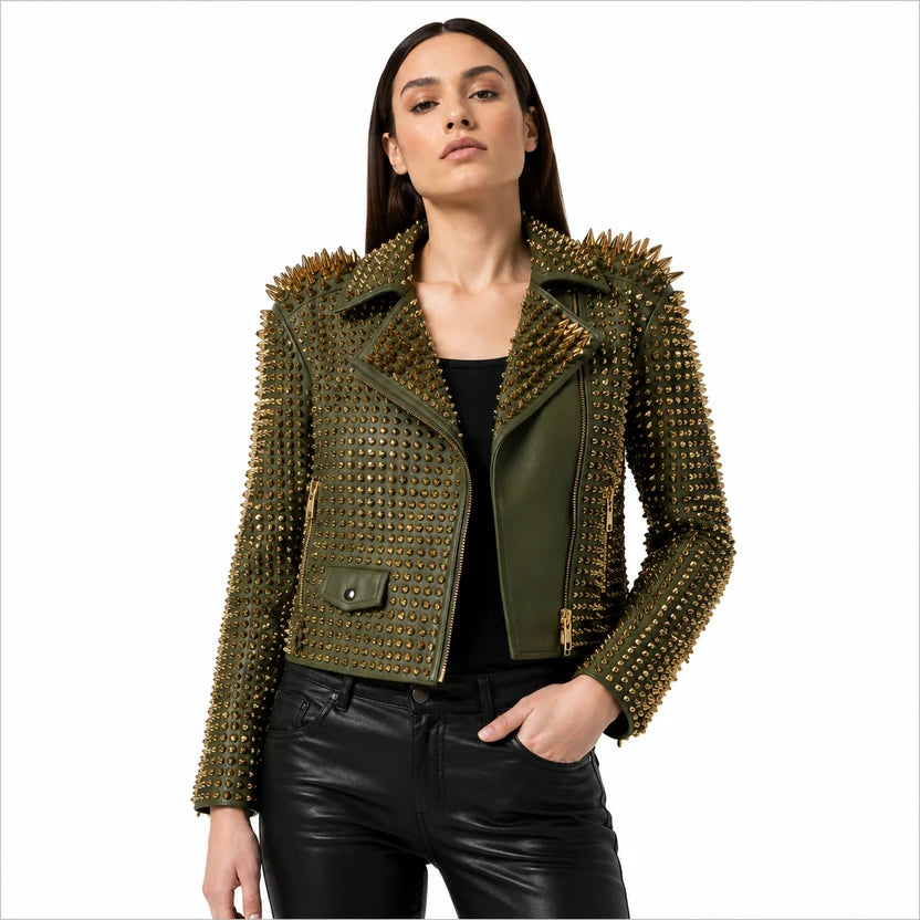 women's olive green studded leather biker jacket