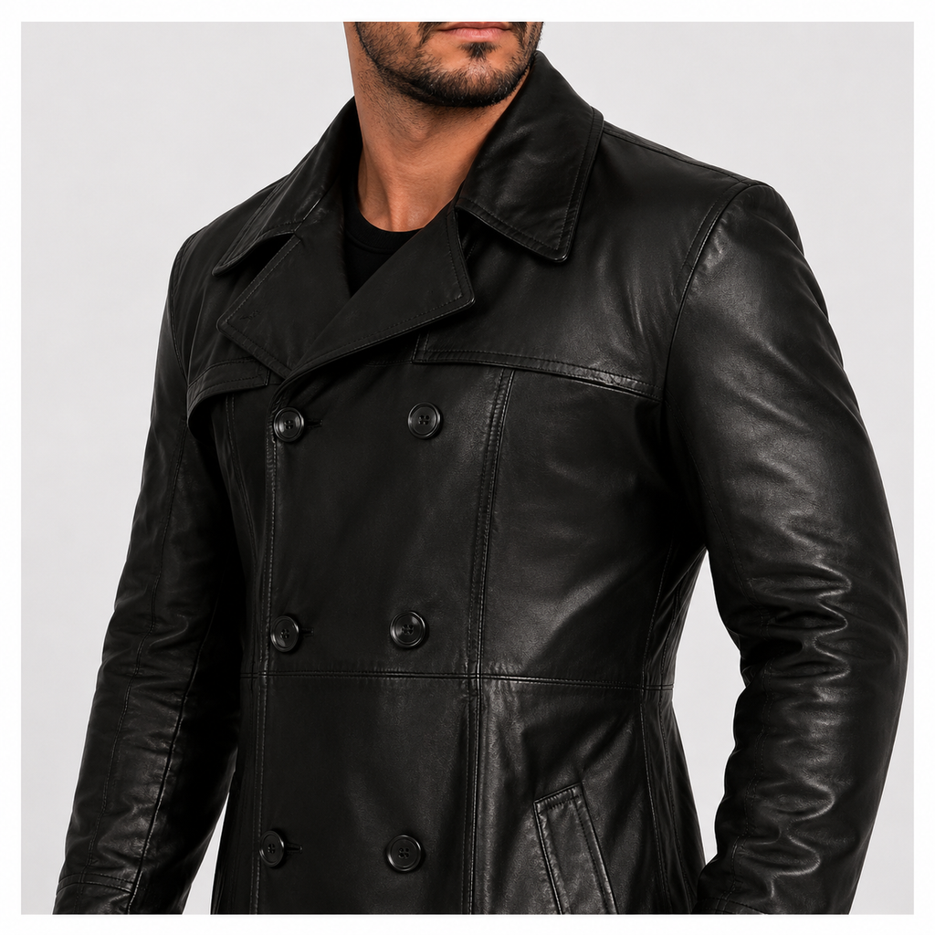 Full-Length Double-Breasted Leather Duster Trench Coat