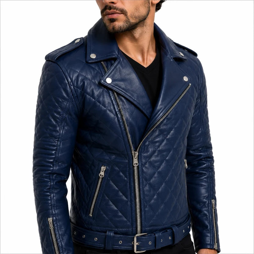 navy blue quilted biker jacket