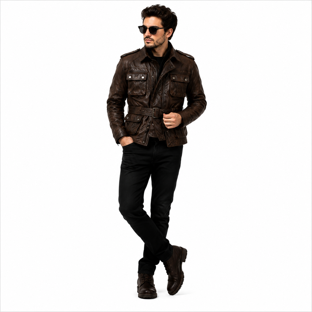 Men's Dark Brown Military Safari Leather Field Jacket