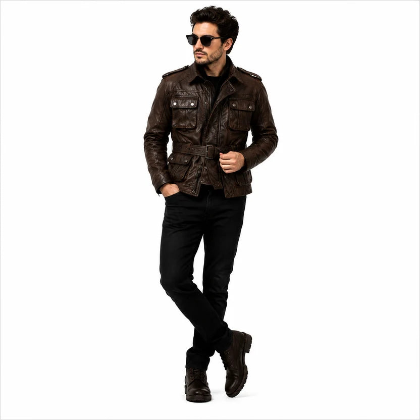 Men's Dark Brown Leather Field Biker Jacket 