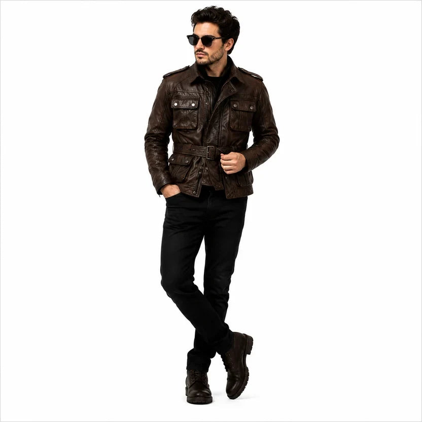 Men's Black Leather Military Field Jacket