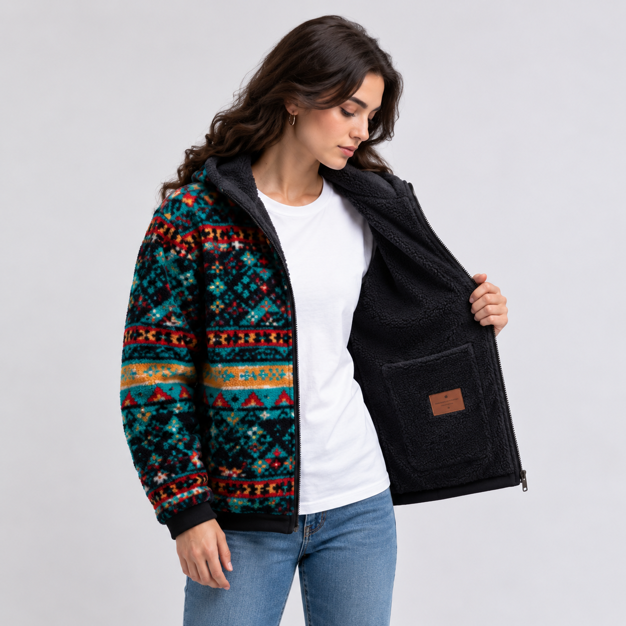 Teal Black Aztec Tribal Pattern Sherpa Fleece