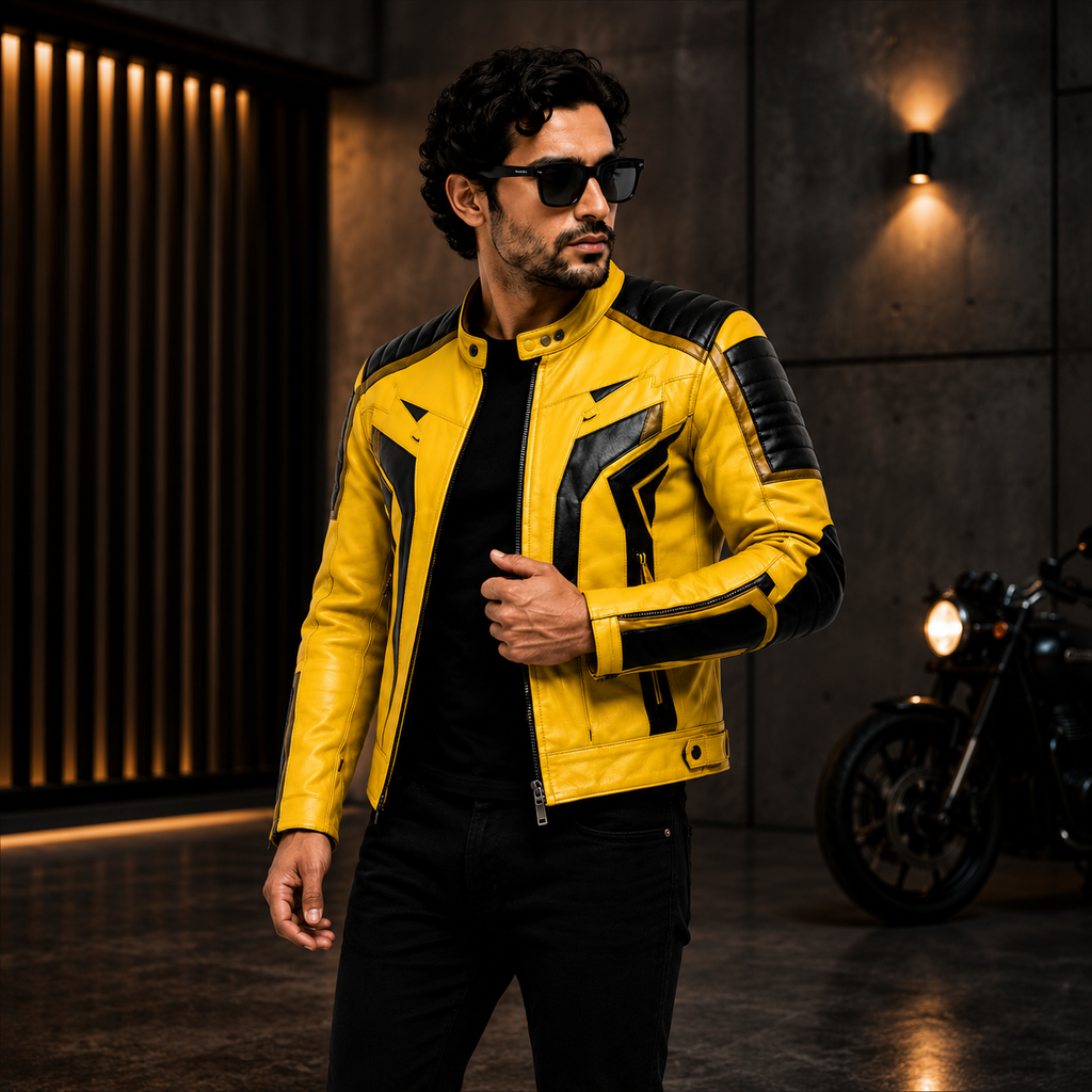 Men's Yellow & Black Racer Leather Jacket