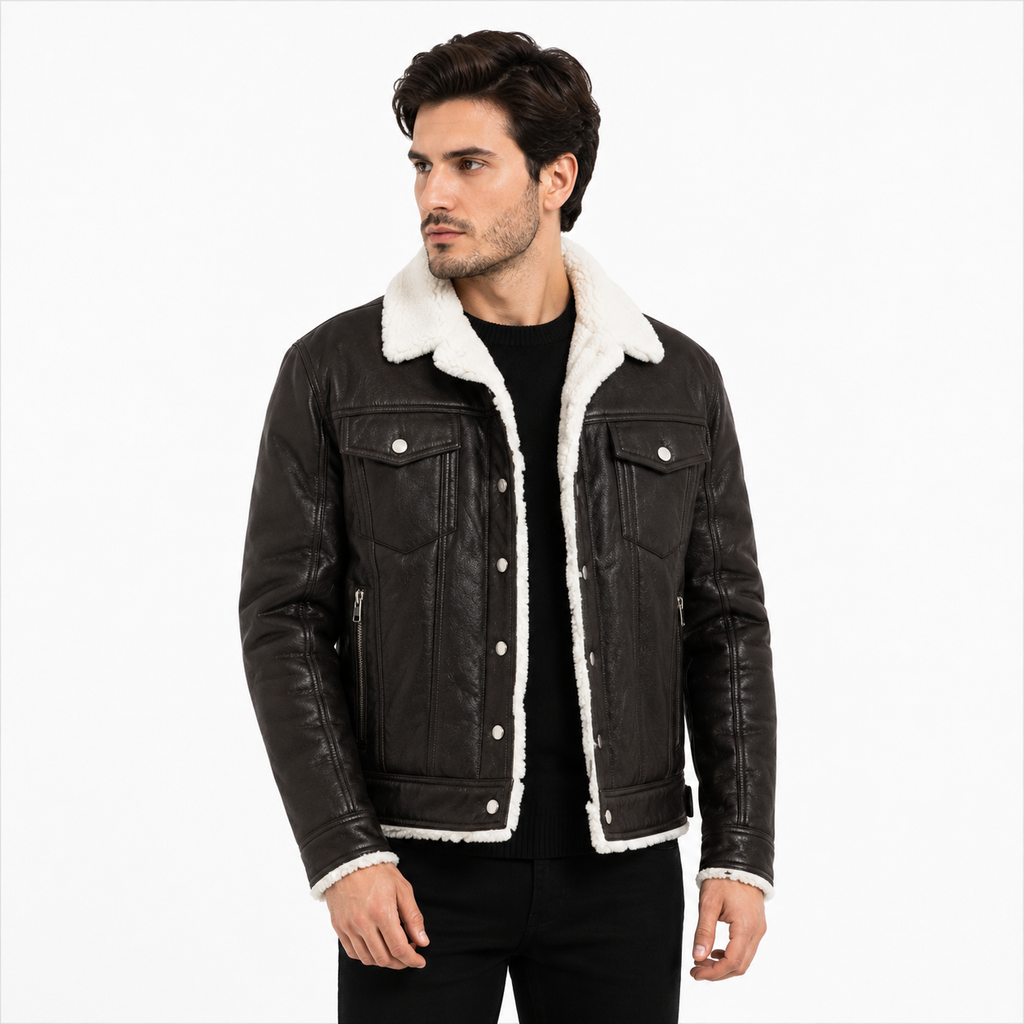 Men's black leather shearling trucker jacket