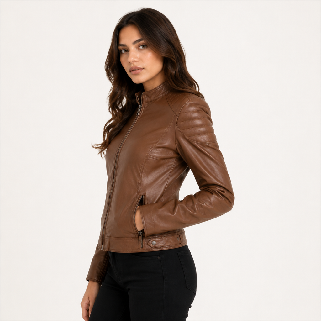 Women's Classic Cognac Brown Cafe Racer Leather Biker Jacket