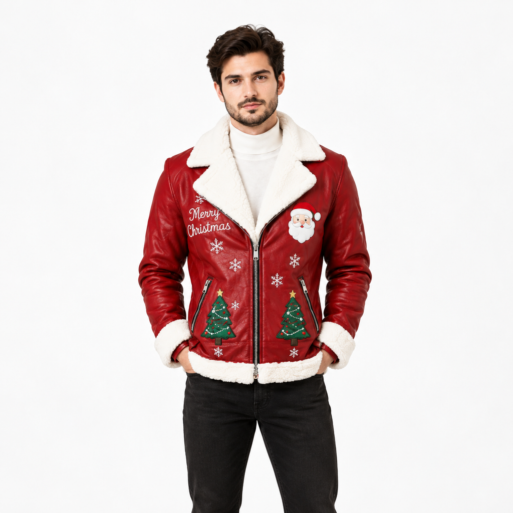 red Christmas leather jacket with Santa Claus patch and Merry Christmas