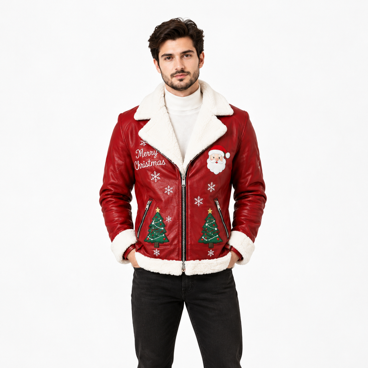red Christmas leather jacket with Santa Claus patch and Merry Christmas