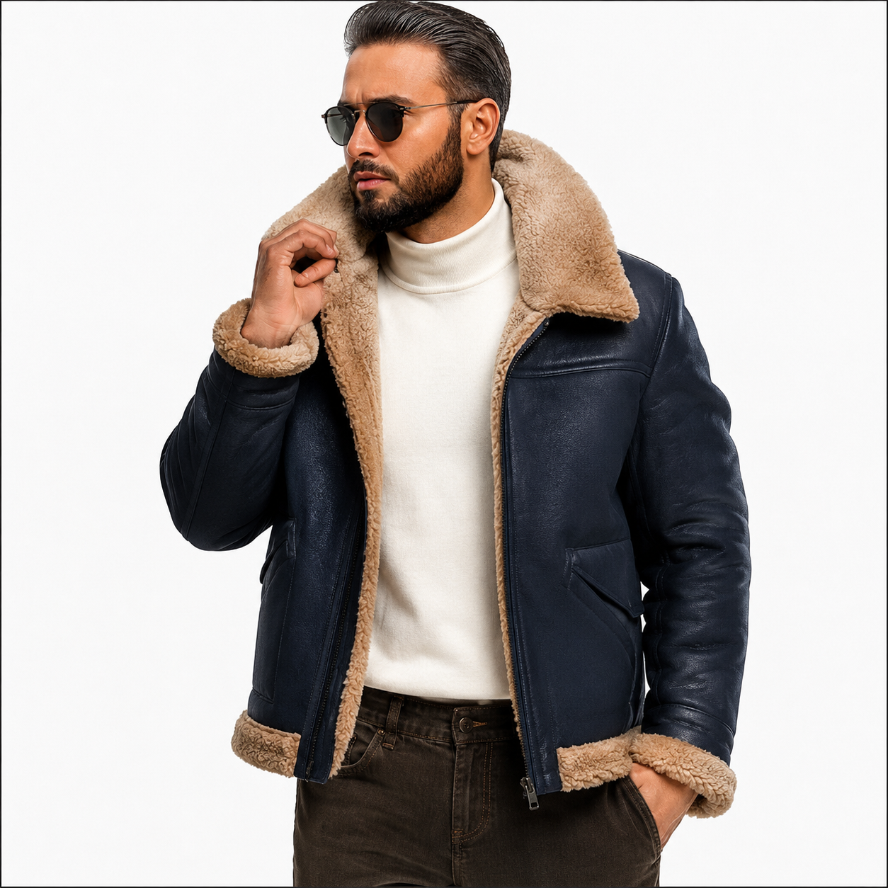 Men's Classic Navy Blue & Beige B-3 Aviator Jacket