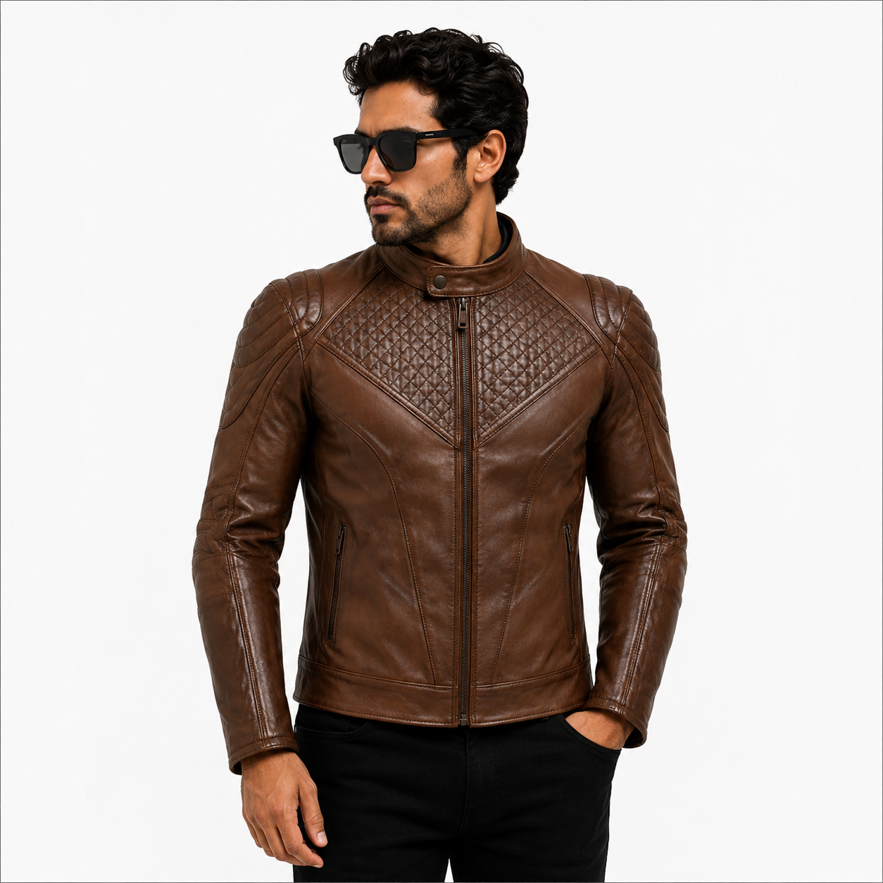 Men's Antique Brown Diamond Quilted Leather Biker Jacket