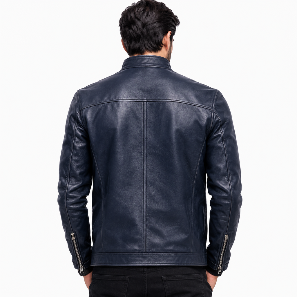 Men's navy blue leather café racer jacket