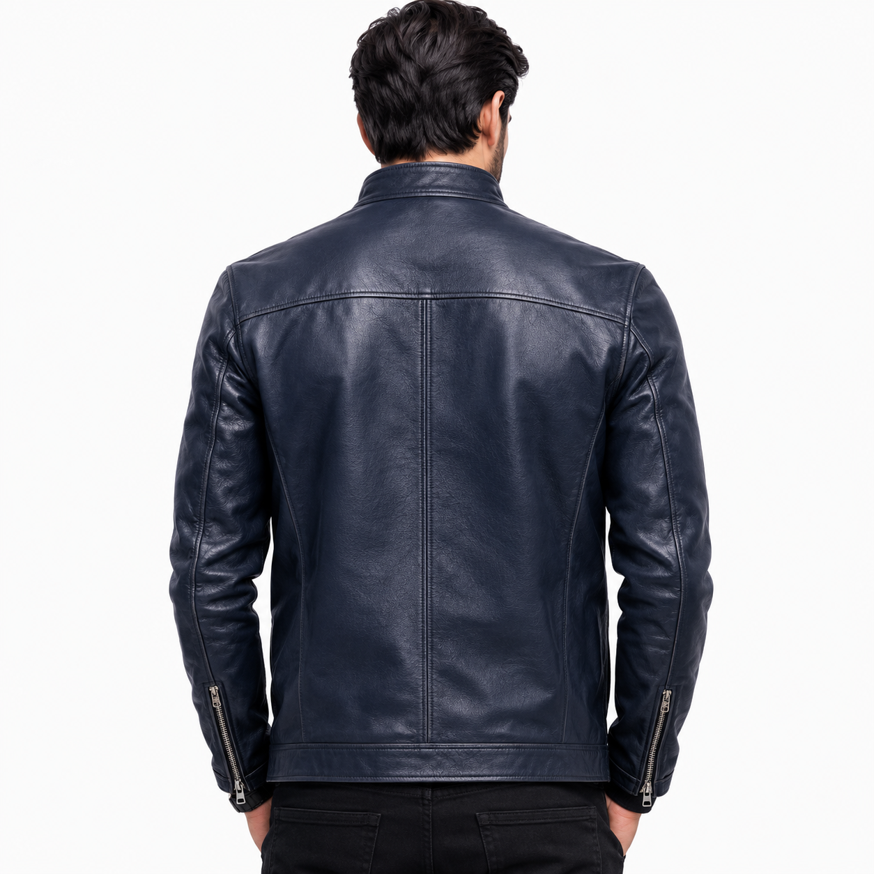 Men's navy blue leather café racer jacket